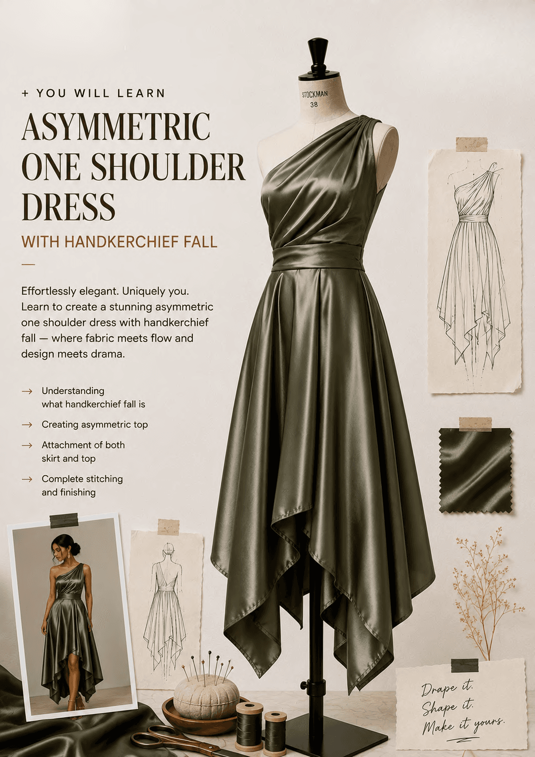 Asymmetric One Shoulder Dress with Handkerchief Fall