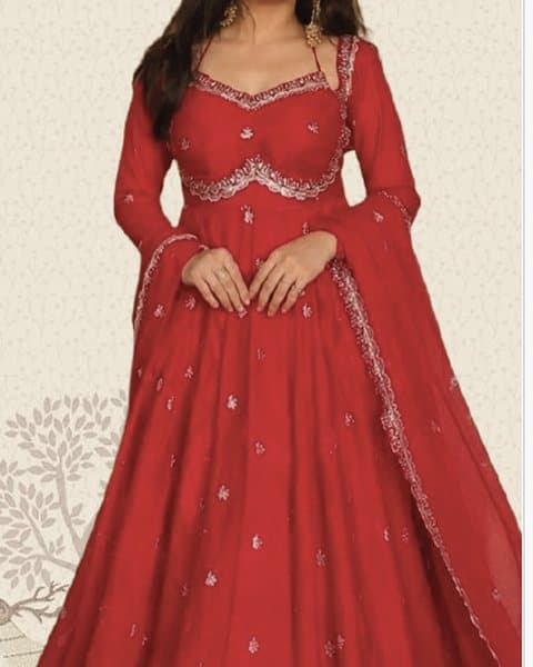 Red embellished anarkali suit