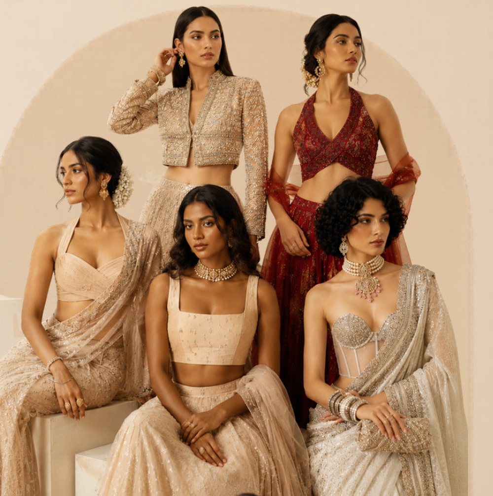 Five women in designer blouses — halter-neck, square-neck, corset, jacket and draped